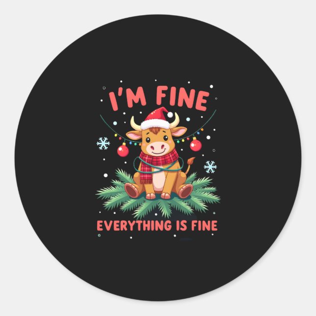 Adesivo Redondo I'm Fine Everything is Fine Christmas Highland Cow (Frente)