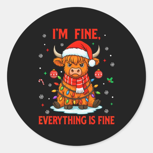 Adesivo Redondo I'm Fine Everything Is Fine Christmas Highland Cow (Frente)