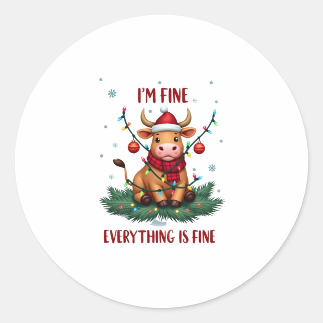 Adesivo Redondo I'm Fine Everything is Fine Christmas Highland Cow (Frente)