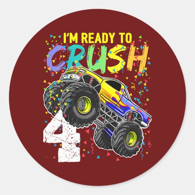 Adesivo Redondo I'm Ready to Crush 4 Monster Truck 4th Birthday (Frente)