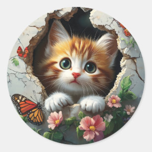 Adesivo Redondo Imagem 3D de um gatinho fofo espiando