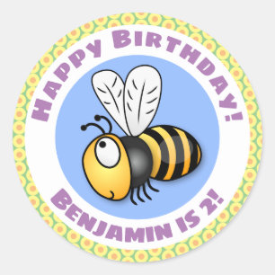 Adesivo Redondo Imagem de desenho animado de abelha amarela e feli