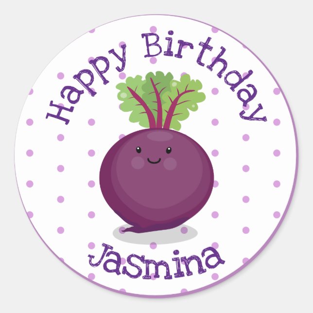 Adesivo Redondo Imagem de desenho animado de beterraba roxa-branca (Frente)