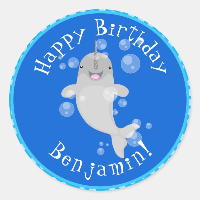 Adesivo Redondo Imagem de desenho animado de bolhas de narvais fel (Frente)