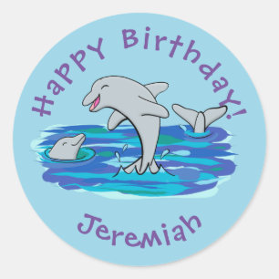 Adesivo Redondo Imagem de desenhos animados de golfinhos alegres e