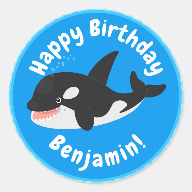 Adesivo Redondo Imagem engraçada de desenho animado de orca (Frente)