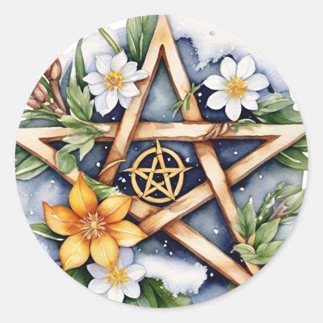 Adesivo Redondo Imbolc Floral Snowy Pentacle Wiccan Holiday (Frente)
