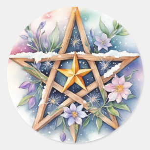 Adesivo Redondo Imbolc Floral Snowy Pentacle Wiccan Holiday