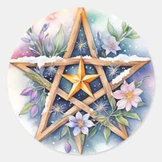 Adesivo Redondo Imbolc Floral Snowy Pentacle Wiccan Holiday