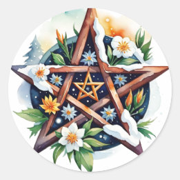 Adesivo Redondo Imbolc Floral Snowy Pentacle Wiccan Holiday