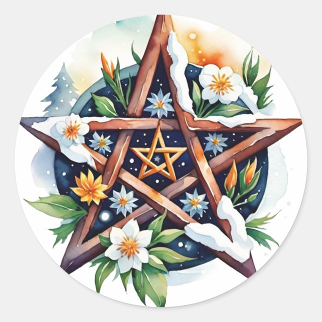 Adesivo Redondo Imbolc Floral Snowy Pentacle Wiccan Holiday (Frente)