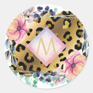Adesivo Redondo Impressão Bonito de Leopardo, Rosa Dourada, Monog