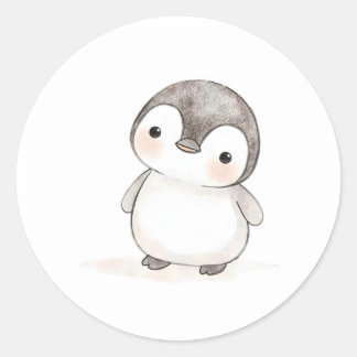 Adesivo Redondo Impressão de Aquarela Adorável Pinguim-Bebê