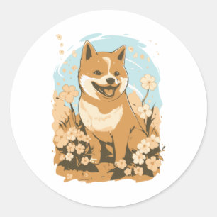 Adesivo Redondo Impressão de Arte de Camiseta Adorável Shiba Inu c
