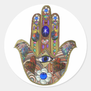 Adesivo Redondo Impressão de Arte Opala Hamsa Judaica Corações Flo