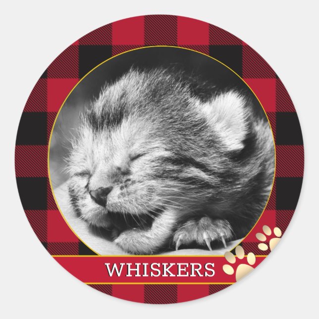 Adesivo Redondo Impressão de Gata, Xadrez de Búfalo Vermelho, Foto (Frente)