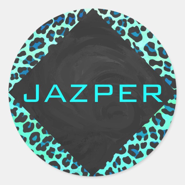 Adesivo Redondo Impressão de Leopardo Negro e Teal (Frente)