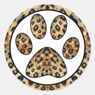 Adesivo Redondo Impressão de Pata com Brilho de Leopardo Dourado e