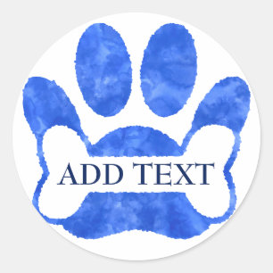 Adesivo Redondo Impressão de Pata de Cachorro e Osso Azul Aquarela