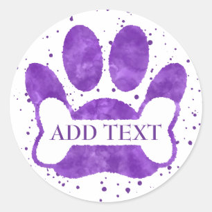 Adesivo Redondo Impressão de Pata de Cachorro e Osso Roxo Aquarela