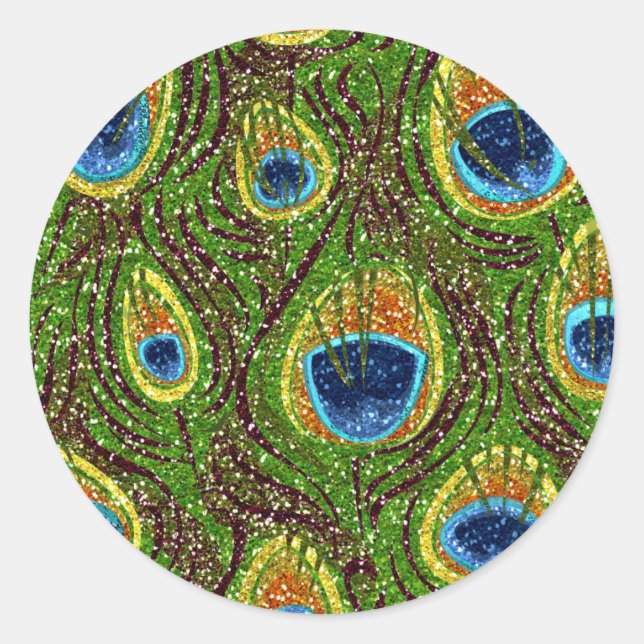Adesivo Redondo Impressão de Penas de Peacock Coloridas (Frente)