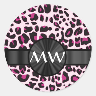 Adesivo Redondo Impressão e monograma rosa-leopardo