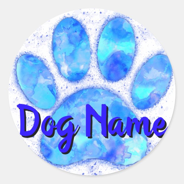 Adesivo Redondo Impressão em Pata de Cachorro Azul com Nome Person (Frente)