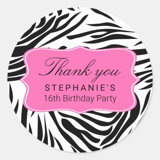 Adesivo Redondo Impressão em Zebra Negra e Branca com Aniversário  (Frente)