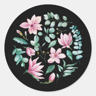 Adesivo Redondo Impressão floral de magnólia em preto 