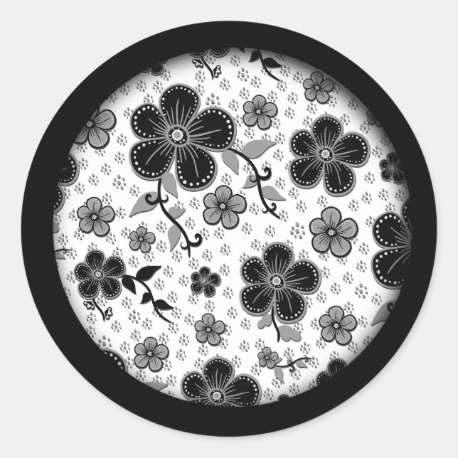 Adesivo Redondo Impressão Floral preto-e-branco (Frente)