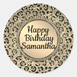 Adesivo Redondo Impressão Leopardo com Glitter Dourada