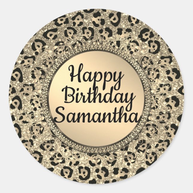 Adesivo Redondo Impressão Leopardo com Glitter Dourada (Frente)