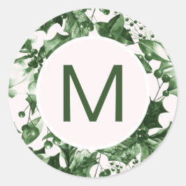 Adesivo Redondo Impressão Monograma de Holly Verde de Natal Chic