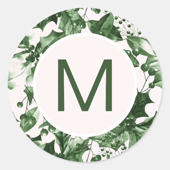 Adesivo Redondo Impressão Monograma de Holly Verde de Natal Chic (Frente)