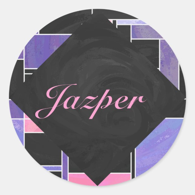 Adesivo Redondo Impressão preto roxo mondriano (Frente)