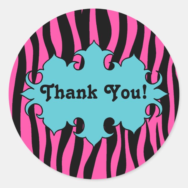 Adesivo Redondo Impressão zebra rosa-quente com obrigado de faixa  (Frente)