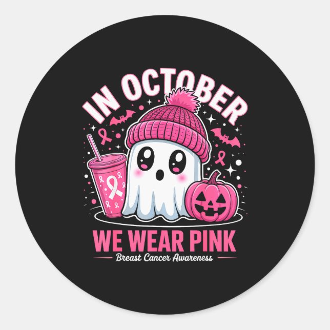 Adesivo Redondo In October We Wear Nk Ghost Witch Breast Cancer Aw (Frente)