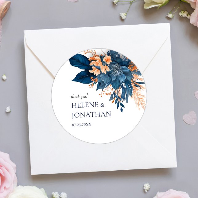 Adesivo Redondo Indigo Floral Wedding Obrigado (Indigo Floral Wedding Thank You Classic Round Sticker)