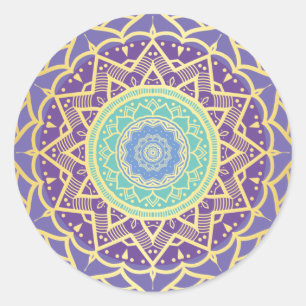 Adesivo Redondo Índigo Roxo Dourado Turquesa Mandala Boêmio