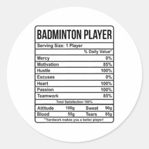 Adesivo Redondo Informações do Jogador de Badminton e Fatos Nutric