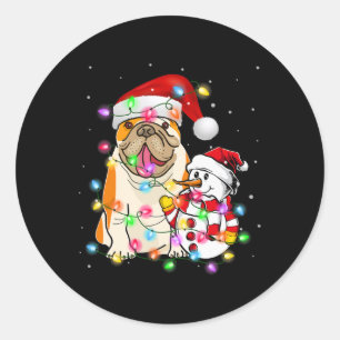 Adesivo Redondo Inglês Buldogue Cachorro Snowman Santa Hat Lights