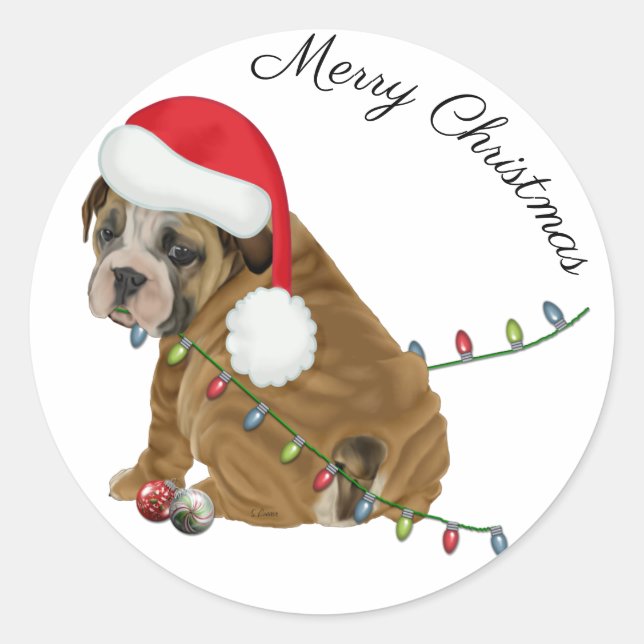 Adesivo Redondo Inglês Buldogue Puppy Natal (Frente)