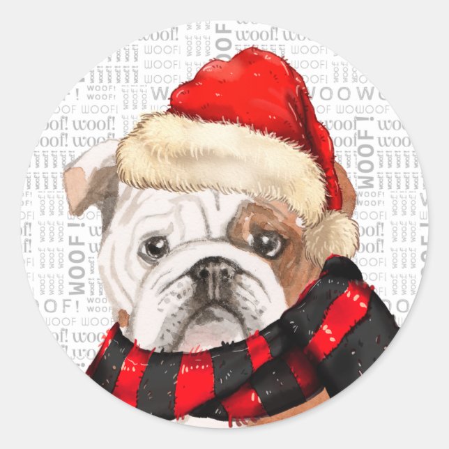 Adesivo Redondo Inglês Bulldog e Woof Word Art Natal (Frente)