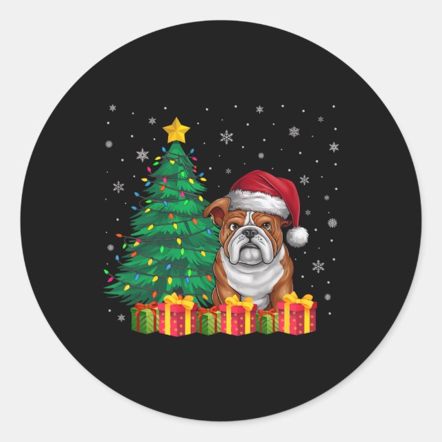 Adesivo Redondo Inglês Bulldog Santa Hat As Luzes De Natal (Frente)
