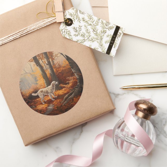 Adesivo Redondo Inglês Setter no outono Folhas Cair Inspire (Presentear)