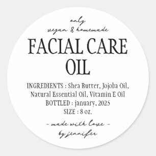 Adesivo Redondo Ingredientes de Óleo de Cuidados Faciais de Frasco