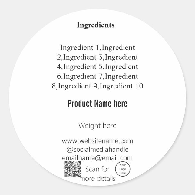 Adesivo Redondo Ingredientes do produto adicionar nome do produto  (Frente)