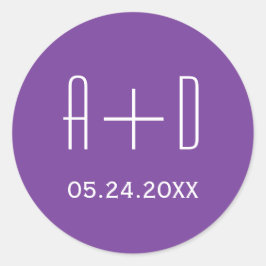 Adesivo Redondo Iniciais brancas, simples casamento roxo elegante