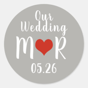 Adesivo Redondo iniciais com coração de amor vermelho, casamento d