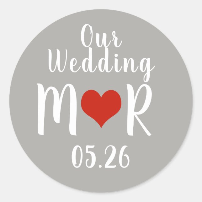 Adesivo Redondo iniciais com coração de amor vermelho, casamento d (Frente)